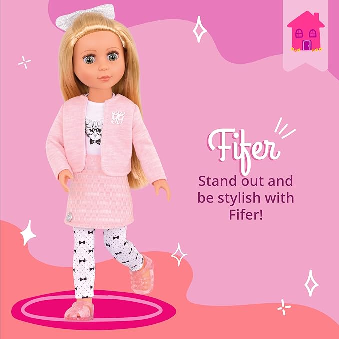 Glitter Girls – 14-Inch Fashion Doll – Blonde Hair & Green Eyes – Pink Cardigan & Skirt – Cat – Themed Outfit – 3+ Years– Fifer