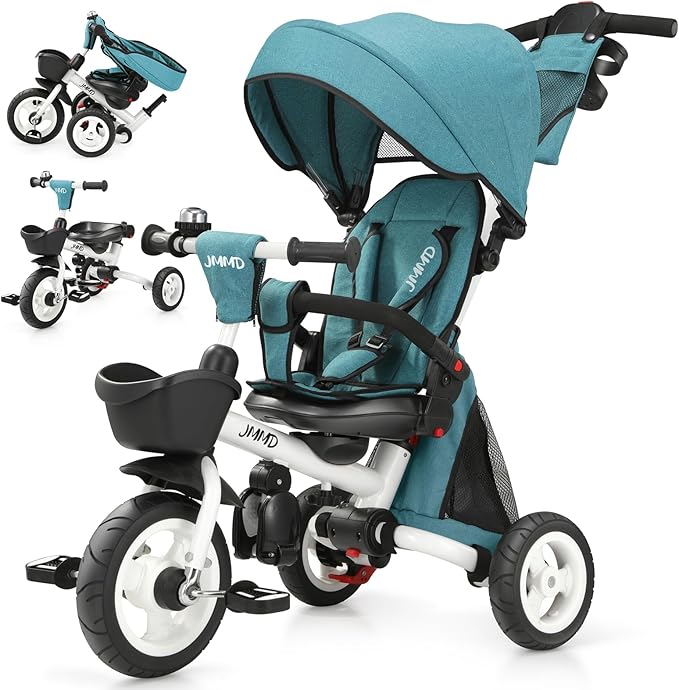 JMMD 8 in 1 Tricycle Stroller with Push Handle, Foldable Trike with 360° Swivel Seat, Reclining Backrest, All-Terrain Wheels, Dual Brakes, Canopy & Storage, Gift for Kids 18 Months to 5 Years, Green