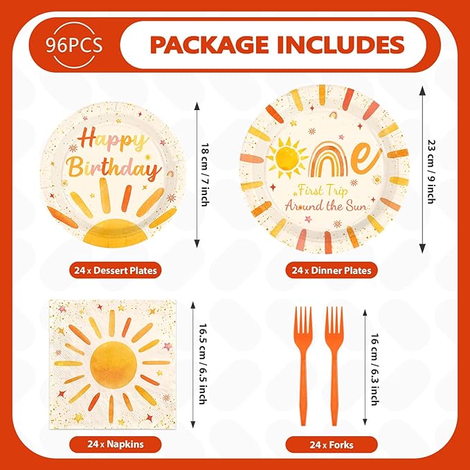 96Pcs First Trip Around the Sun Party Decorations for Girl Boho Sun 1st Birthday Plates and Napkins Sets The Sunshine Number 1 Birthday Decorations for Boho Boys One Year Old Party Supplies Serves 24