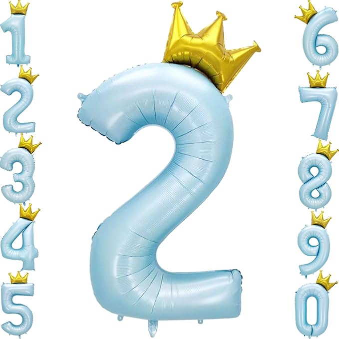 Giant Pale Blue 2 Number Crown Balloons 40 Inch Light Blue 2 Mylar Helium Large Crown Digital Balloon Baby Blue Birthday Numbers Balloons 2nd Birthday Kids Theme Party Decoration Supplies