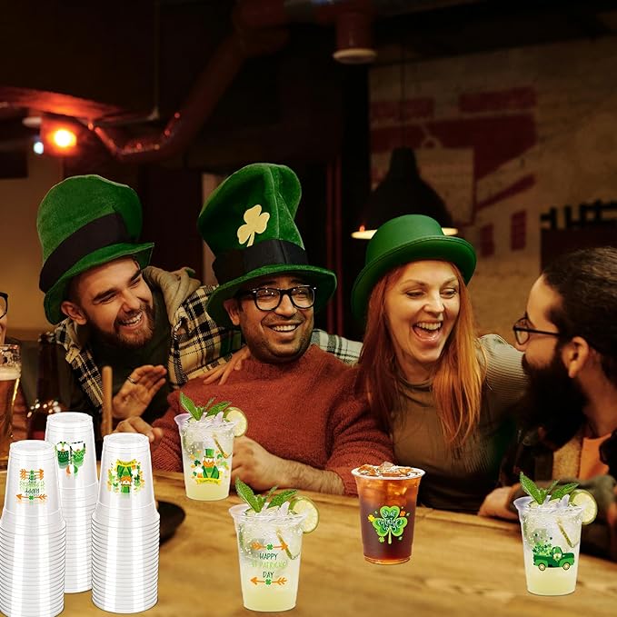 100 Pcs St. Patrick's Day Party Cups,12 oz St. Patrick Disposable Clear Plastic Cups Irish Green St Patrick's Day Party Lucky Clover Cups for St. Patrick Irish Birthday Party Irish Party Supplies