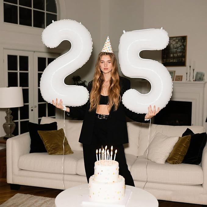 40 Inch White Number 25 Digital Balloon,Jumbo Mylar Foil Helium Balloon for 25 Balloons for Birthday Party,Wedding Anniversary Party Decorations