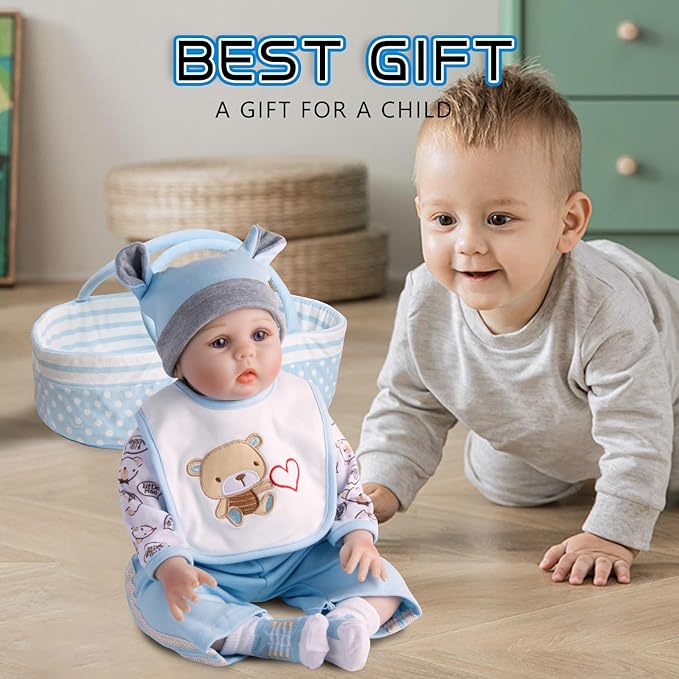 Reborn Baby Doll Clothes 12pcs for 17-22 Inch Reborn Dolls Clothes Accessories Blue Luxurious Gift Set (Bassinet+ Blanket)
