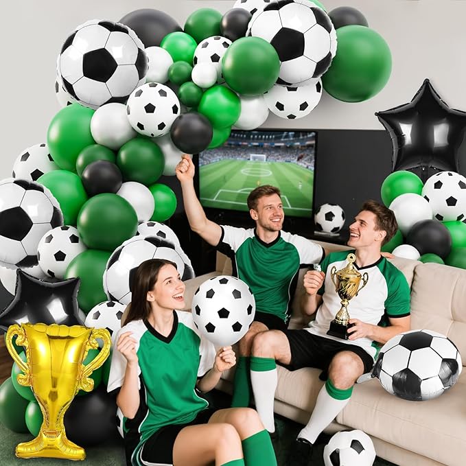 Soccer Party Decorations, 113Pcs 12 10 5 inch Soccer Balloons Garland Arch Kit Green White Black Balloons for Boys Soccer Sports Theme Birthday Party Decorations