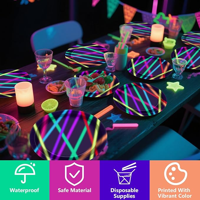 Neon Paper Plates - Glow in the Dark Party Supplies Include 7'' 9'' Printed with Light Beam Plates for Let's Glow Party Decorations, Serves 20