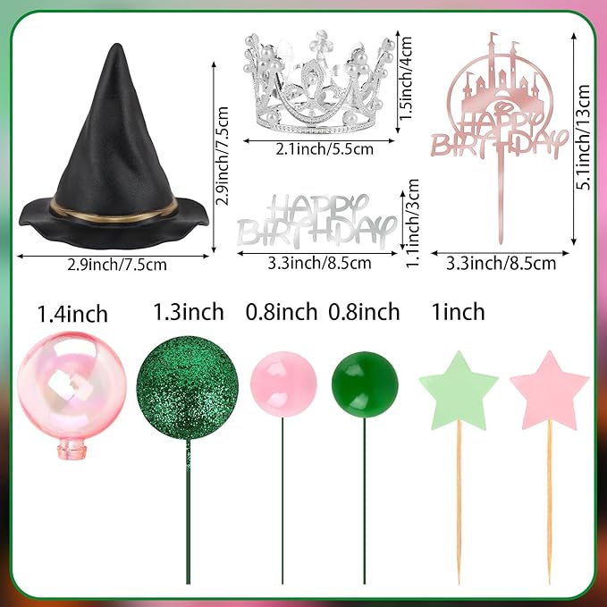 33 Pieces Pink and Green Cake Decorations with Mini Black Witch Hat, Silver Crown, Balloons, Happy Birthday Cake Topper for Girls Women Princess Witch Birthday Party Decorations Supplies