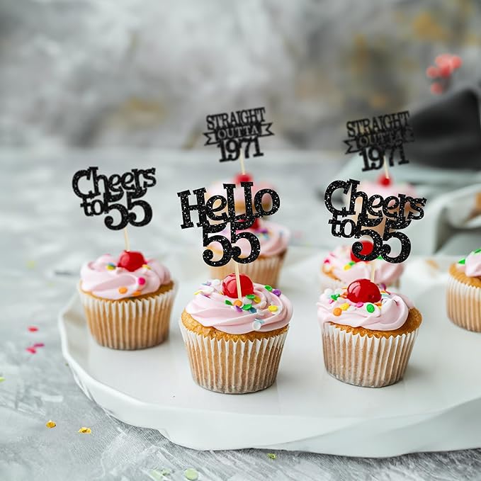 Ephlyn 24Pcs 55th Birthday Cupcake Toppers Glitter Straight Outta 1971 Cupcake Picks Hello 55 Cheers to 55 Years Cake Decorations for 55th Birthday Anniversary Party Decorations Supplies Black
