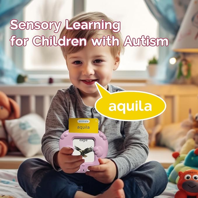 Bilingual English Italian Flash Cards - Talking Flash Cards for Kids, Pocket Speech for Toddlers 3-12, Educational Learning Audible Gift Play Cards Italian, Autism Sensory Toys (Pink)