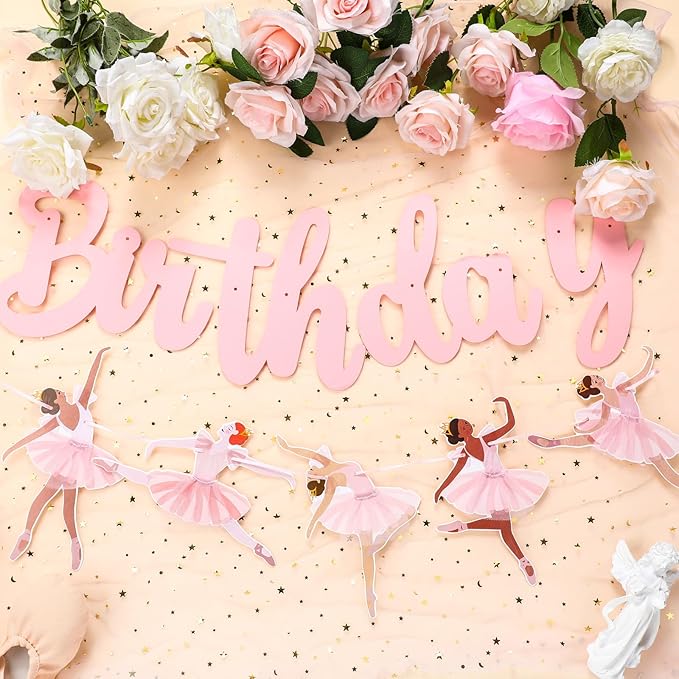 3 Pcs Ballerina Dancer Happy Birthday Banners Ballet Dancing Hanging Garland Pink Ballerina Party Decorations for Girls Women Birthday Wedding Ballet Theme Baby Shower Party Supplies