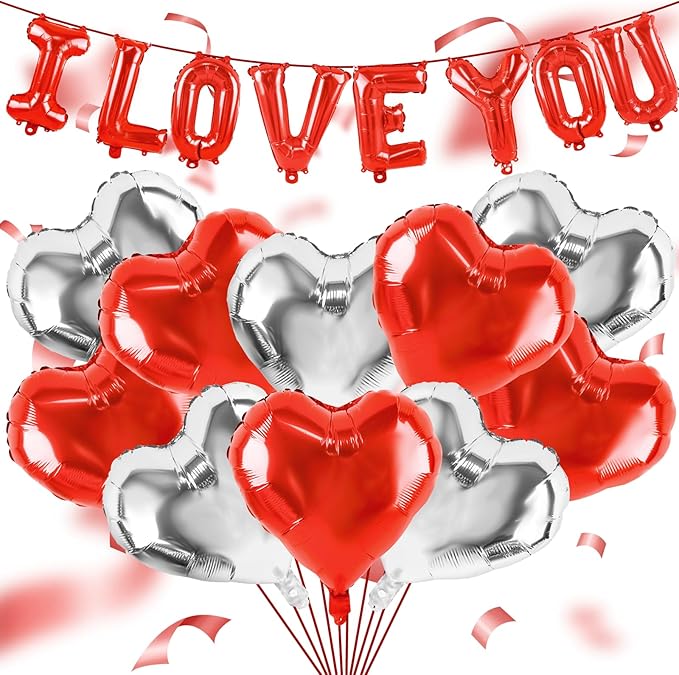 Happy Anniversary Balloon Kit Red and Silver I Love You Balloons Kit 18pcs Red Heart Foil Balloons Valentines Day Balloons Set Happy Anniversary Balloon Decorations for Wedding Bridal Shower