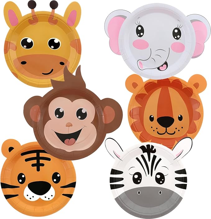 Safari Jungle Wild Animal Party Supplies 60PCS Disposable jungle zoo animal Shaped Paper Plates for Birthday Party, Baby Shower and jungle safari theme party decorations