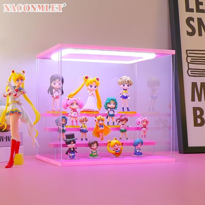 Clear Acrylic Display Case for Figure and Funko Pop,Led-lit,Dustproof,Multiple Layers Pop mart Showcase Display for Collectibles(4 Tier-W*D*H-12.6"x9.4"x11.7"inches)