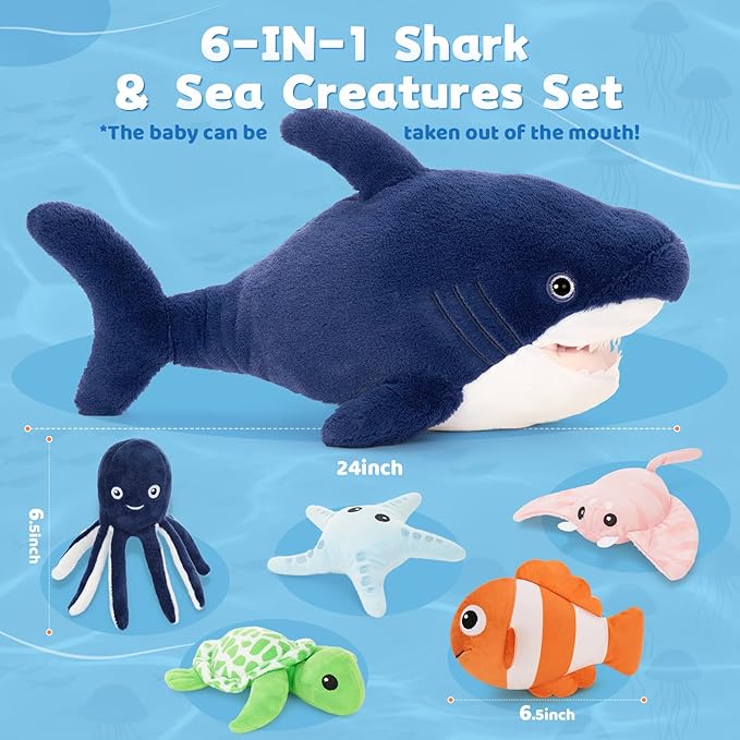 MaoGoLan 6Pcs Soft Shark Stuffed Animals with 5 Sea Animals Inside - Bulk Plush Toys Stuffed Shark Stingray Octopus Turtle Clown Fish Starfish, Kids Party Favors Valentine's Day Gifts Christmas