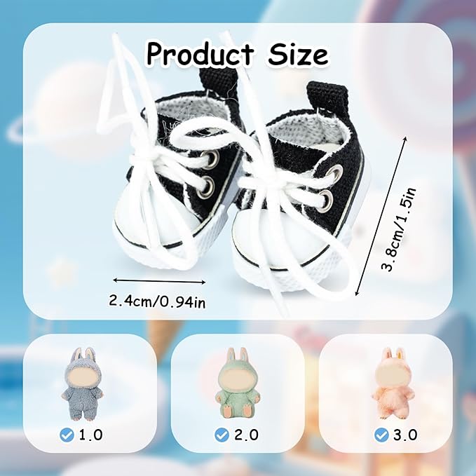 Mini Doll Shoes, 1 Pair Cute Lace Up Canvas Sneakers Compatible for 17cm/15cm Doll Shoes Toy Outfit Accessories Easter Gifts(Black)