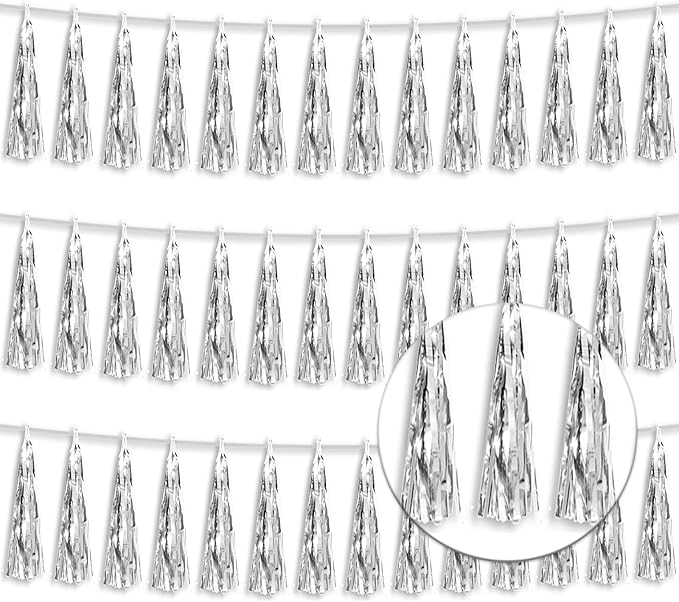 3P Metallic Fringe Tassel Banner Garland Foil Tinsel Streamer Wall Hanging Curtain Backdrop Banners for Parade Floats,Graduation Decorations, Christmas, Wedding Party Decoration(Silver)
