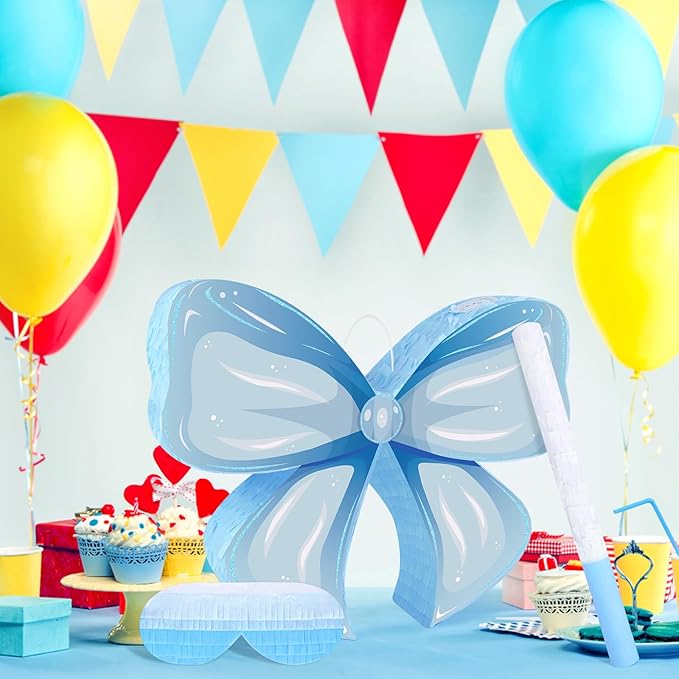 Hooqict Blue Bow Pinata with Blindfold and Bat Stick Frozen Pinata for Birthday Party Games Girls Kids Bow Themed Party Decorations Supplies (Small Size 16"x13"x3")