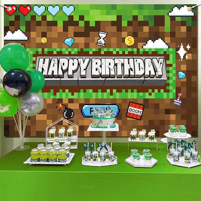 Pixel Birthday Party Decorations Pixel Video Game Banner for Miner Birthday Party Backdrop Photo Background Wall Decor Mining Party Supplies