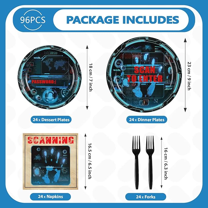 96Pcs Secret Agent Party Decorations Top Secret Spy Plates and Napkins Tableware Set Detective Decorations for Kids Baby Shower Escape Room Spy Theme Mystery Birthday Party Supplies Serves 24