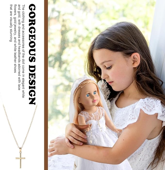 7 Pcs 18 Inches American Doll Clothes Outfit First Communion Dress with Matching Headband Veil Bracelet Shoes Socks Necklaces Fit 18 Inches Dolls, Doll Not Included (Veil)