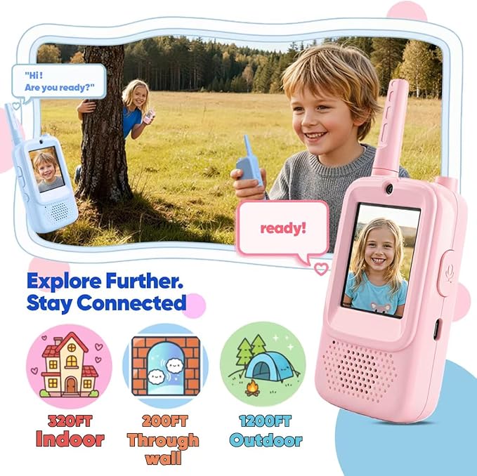 Video Walkie Talkies for Kids, 2 Pack Upgraded Battery Rechargeable Video Intercom with HD Camera Voice Changer, Long Range Gift Toys for Boys Girls Ages 3-12, Outdoor Play, Camping, Travel, Hiking