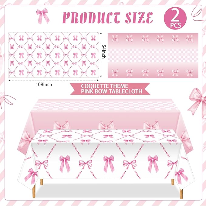 Zhehao 2 Pcs Pink Ribbon Tablecloth 54 x 108'' Coquette Table Cover Pink Bow Birthday Decorations Plastic Disposable Table Cloth for Girls Women Party Supplies