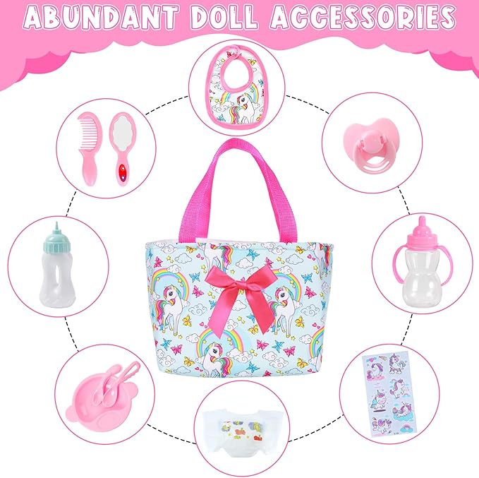 Ecore Fun 15 Pcs Baby Doll Diaper Bag with Clothes and Accessories,Doll Alive Feeding and Caring Set for 16-18 Inch Dolls,Include 16 inch Girl Doll Clothes,Bottles, Pacifier,Bib,Diaper