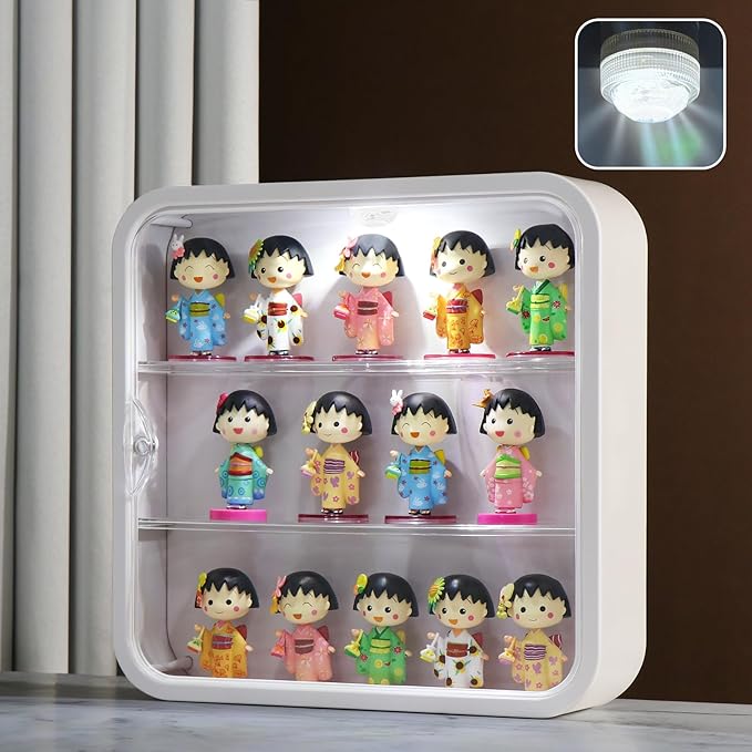 Acrylic Clear Display Case with LED Light, 3-Tier Wall Mounted Storage Box for Figures, Dustproof Magnetic Door Organizer for Pop Mart, Lego, Mini Toys, No-Drill Installation