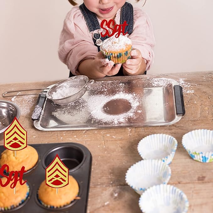 24 Pack SSGT Staff Sergeant Cupcake Toppers Glitter Military Bound Glitter Emblem Badge Cupcake Picks for Military Army Themed Cake Decorations Birthday Party Supplies Red Gold