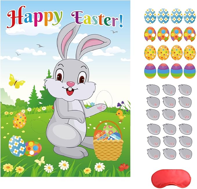 PLULON Easter Pin Game for Kids Pin The Tail on The Bunny Pin Easter Egg on Rabbit Stickers Large Poster Backdrop for Easter Decorations Family Classroom Activities Easter Egg Hunt Party Supplies