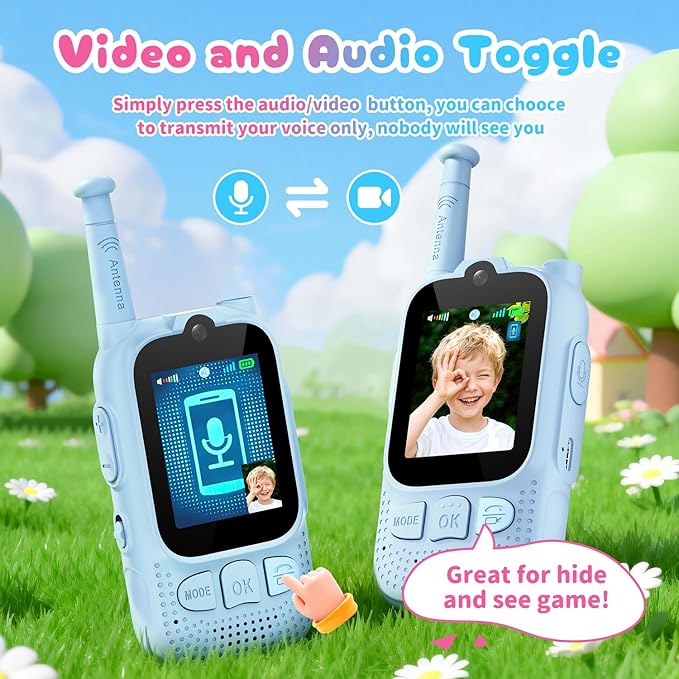 Kids Audio/Video Walkie Talkies, 2 Pack Rechargeable Walkie Talkies for Kids with 2’’ Screen & Camera & Voice Changer, Long Range Boys Girls Toys for Indoor Outdoor Camping Hiking Games (Blue/Blue)