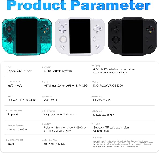 MagicX Zero 40 Retro Handheld Game Console , 3.4 Inch IPS Screen Linux System Sunken Dual Joystick Built-in 64G TF Card Handheld Emulator Support 4.2G WiFi Bluetooth TV Output(Green)