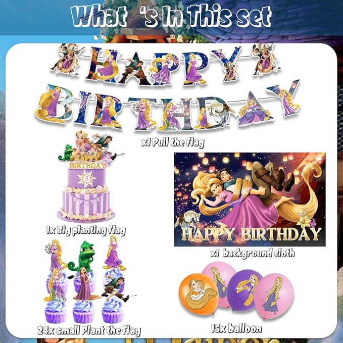 42Pack Princess Birthday Party Supplies Pack Includes，Banner，Cake Topper，Blackdrop,Balloons for party Decoration