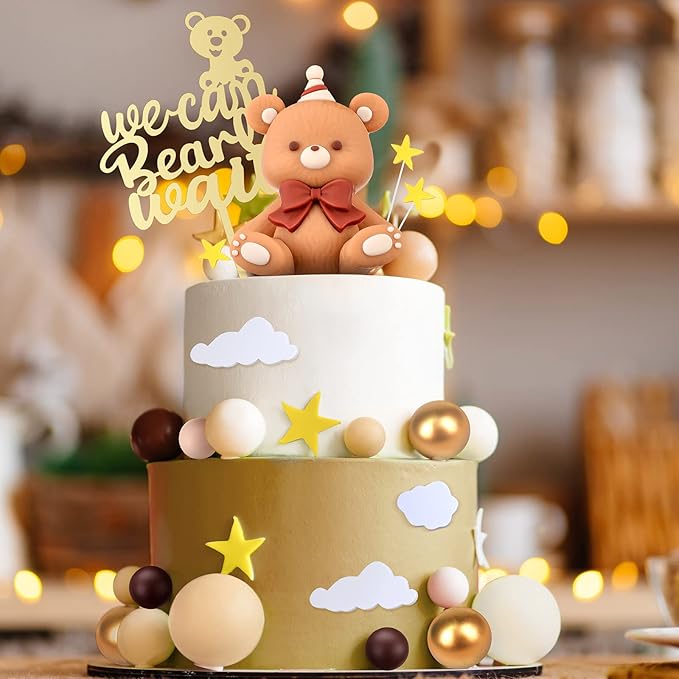 Yinder 54 Pcs Bear Cake Decoration Toppers for Baby Shower Decorations with Balls We Can Bearly Wait Happy Birthday Mini Bear Figurine Cake Party Birthday Supplies (Lovely)