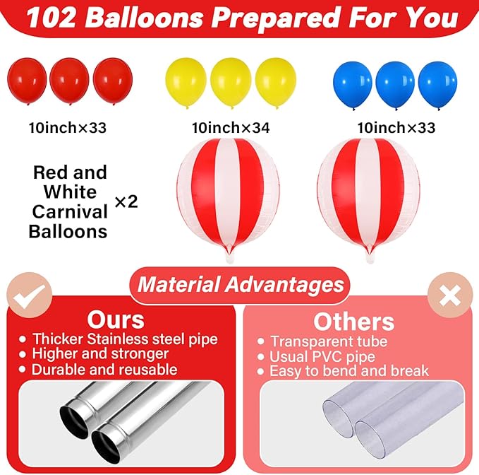 2 Sets Carnival Circus Balloon Column Stand Kit with 102 Balloons 5.57ft Adjustable Balloon Tower Stand with Bases Red and White Striped Balloons Arch Column for Carnival Birthday Party Supplies
