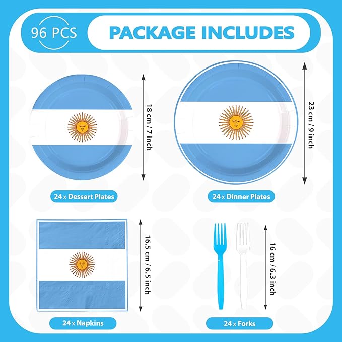 96Pcs Argentina Flag Party Supplies Argentinie Flag Birthday Plates and Napkins National Country Tableware Set for School Football Events Patriotic Festival Birthday Party Decor，Serves 24