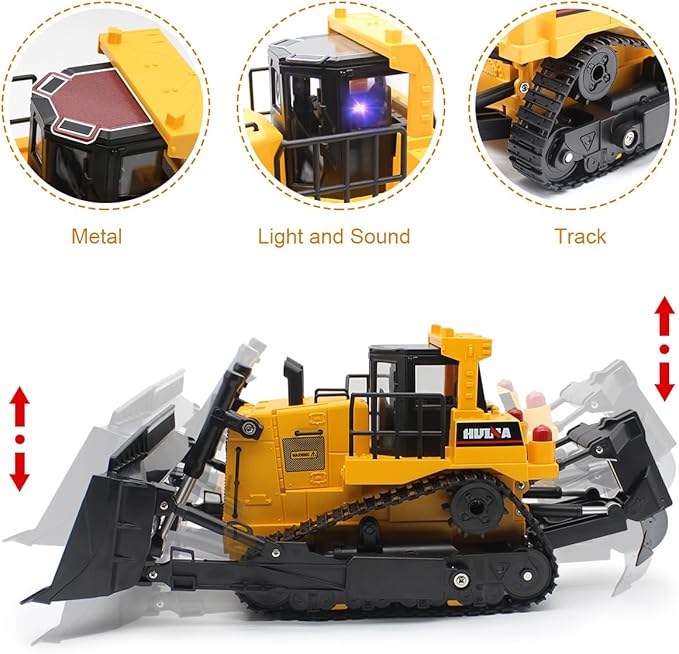 fisca Remote Control Bulldozer RC 1/16 Full Functional Construction Vehicle, 2.4Ghz 11 Channel Dozer Front Loader Toy with Light and Sound for Kids Age 6, 7, 8, 9, 10 and Up Years Old