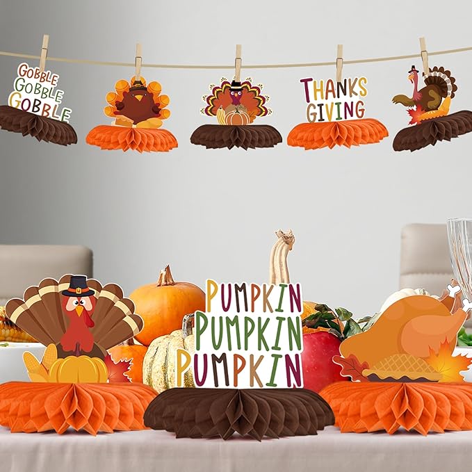 Horaldaily 9PCS Thanksgiving Party Table Decoration Centerpieces, Thanksgiving Autumn Harvest Gobble Turkey Honeycomb Centerpieces Table Toppers for Fall Thanksgiving Themed Birthday Party