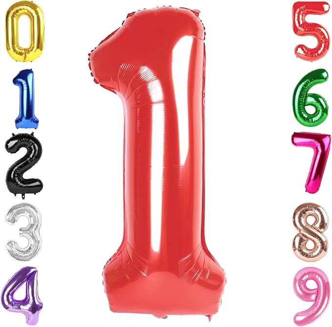 40 Inch Red Number 1 Balloon, Giant Number 1 Balloons for 11th 12th 21st Birthday Decorations, Party Supplies for Baby Boy Girl, Red Party Decor