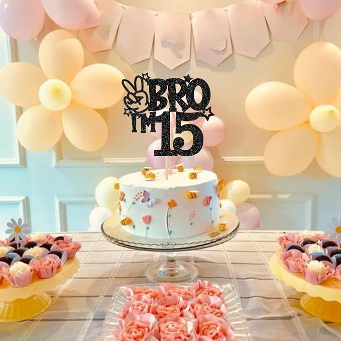 1 PCS Brother I'm 15 Cake Topper Glitter Star Happy 15th Birthday Cake Pick Bro I'm 15 Cake Decoration It's My 15th Birthday Decorations for Boys Cheers to 15 Years Old Birthday Party Supplies Black
