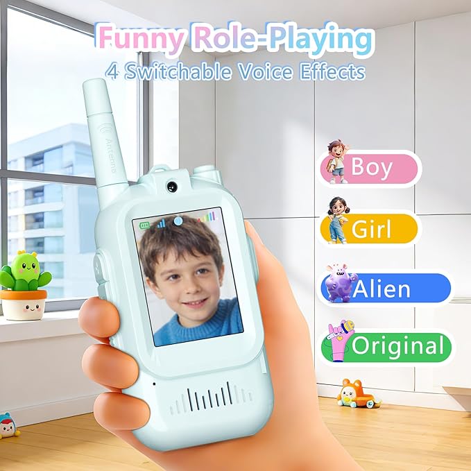 Video Walkie Talkies, Rechargeable Toddler Toys with HD Camera & 4 Switchable Voice, 1000FT Range for Christmas Birthday Gifts for Family Game, Camping for Boys Girls Ages 3-12 (Blue/Pink), 2 Pack
