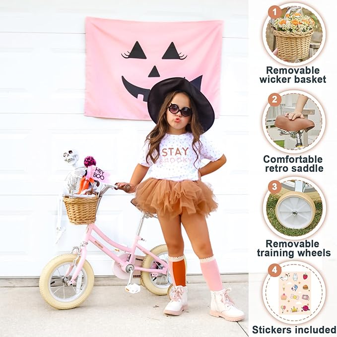 Petimini Vintage Kids Bike for Girls, 12–20 Inch Classic Bicycle with Wicker Basket & Bell, High Tensile Steel Frame, Training Wheels (12–18”), 85% Pre-Assembled, Retro Bike for Outdoor Riding