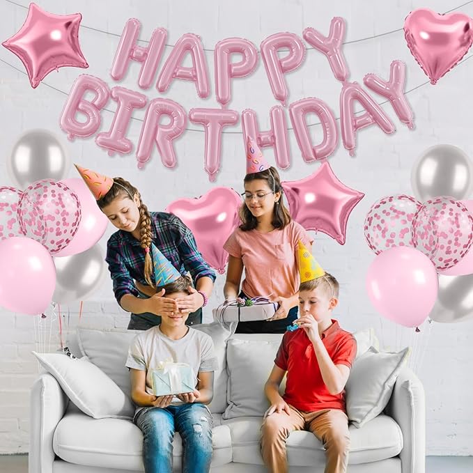 29PC Pastel Pink Happy Birthday Balloons Banner, 16 Inch Aluminum Letter Banner Sign, Pink Silver Confetti Balloon 18 Inch Star Heart Foil Balloon for Women, Girls Birthday Party Supply