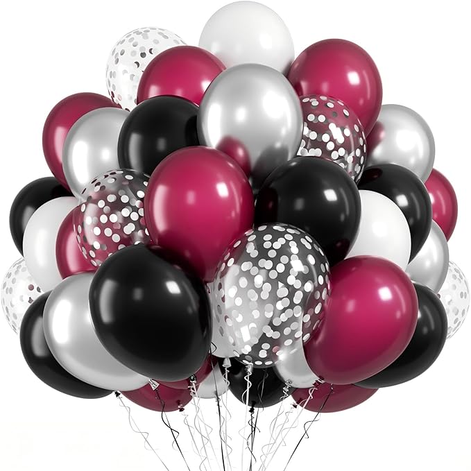 FunHot Maroon Balloons, 50 Pcs Burgundy Black Balloon, 12 Inch Burgundy Metallic Silver Confetti Latex Balloons for Birthday Wedding Baby Shower Bridal Shower Graduation Anniversary Party Decorations