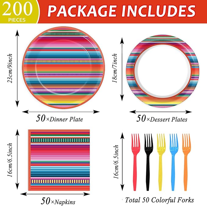 200PCS Mexican Paper Plates and Napkins Fiesta Taco Themed Party Supplies Mayo Mexican Party Decorations Serape Disposable Dessert Plates Dinner Tableware Set Stripe Mexico Dinnerware Favors
