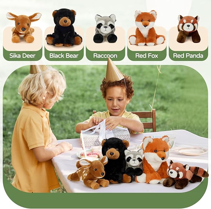 MaoGoLan 5 Pcs Soft Woodland Stuffed Animals Bulk Plush Toys for Girls Kids, 8'' Grizzly Bear Deer Fox Raccoon Red Panda Forest Animal Plushies Set Theme Party Favors Decorations Gifts Christmas