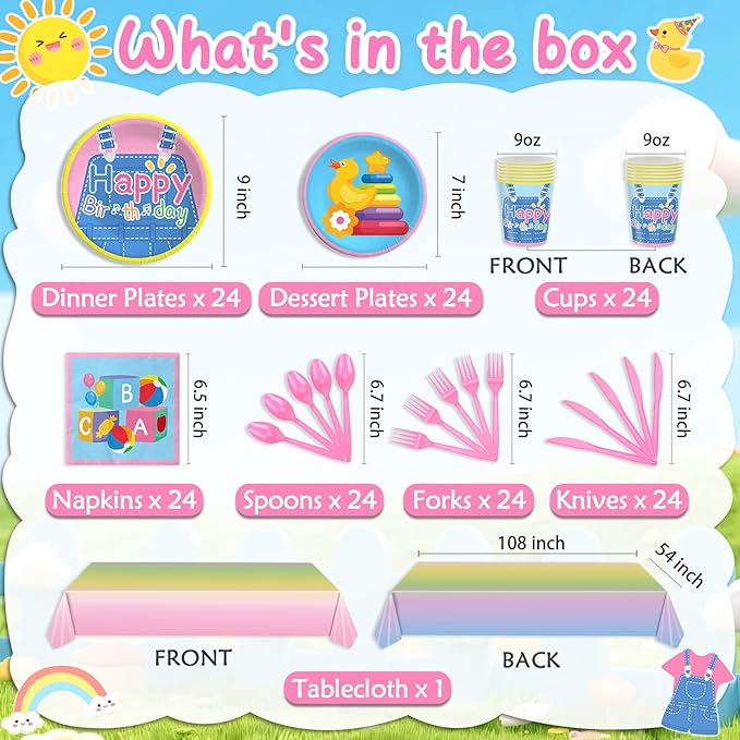 English Teacher Party Supplies, Fufuddz Rainbow Birthday Decorations Cartoon Teacher Party Plates and Napkins for Girls Boys 2nd Birthday Banner Balloons Tablecloth Candle, Tableware Set for 24 Guests