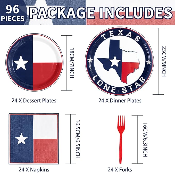 96Pcs Texas State Flag Party Decorations Texas State Theme Party Disposable Paper Plates Napkins Tableware Set Texas State National Decorations Favors for Birthday Family Gathering Supplies Serves 24