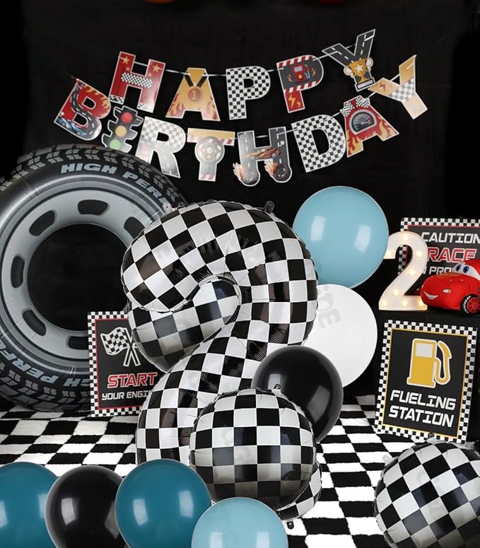 Race Car Balloon Bundle Blue Black 40 Inch Checkered Number Balloon 2 Black and White Race Car Latex Balloon Boy Two Fast Race Car 2nd Birthday Race Car Theme Party Decor Supplies 21 Pcs Kit