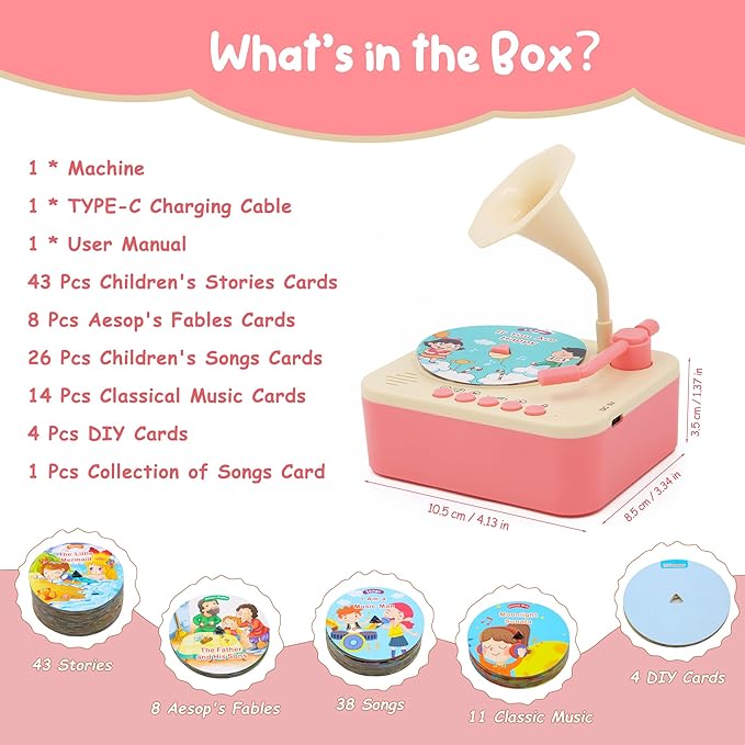 Toddler Phonograph with 99 Cards, Kids Record Player, Story & Music Player, Toddler Music Player, Educational Phonograph for Boys and Girls Age 3+, Kids Toys for Early Learning , Age 3+