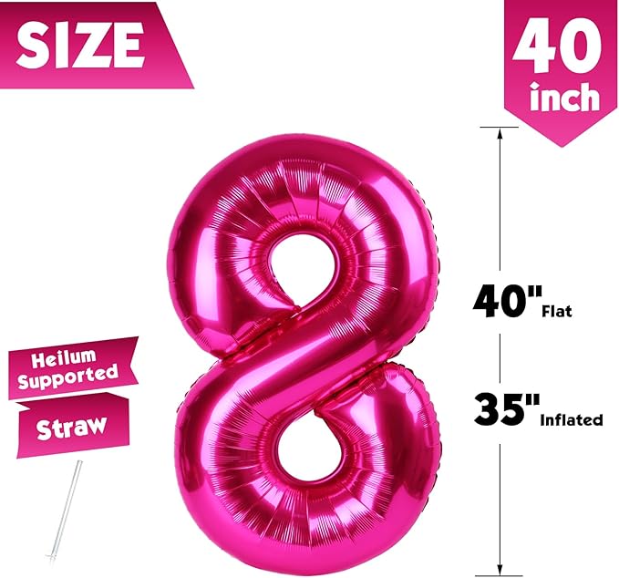 40 Inch Hot Pink Number 8 Balloon, Giant 8 Number Balloons for 8th Birthday Decorations, Party Supplies for Baby Boy Girl, Hot Pink Party Decor